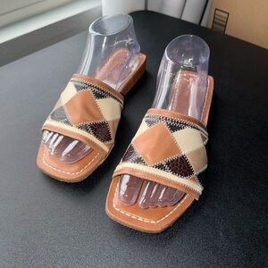 Bernardo Tan and Cream Geometric Sandals